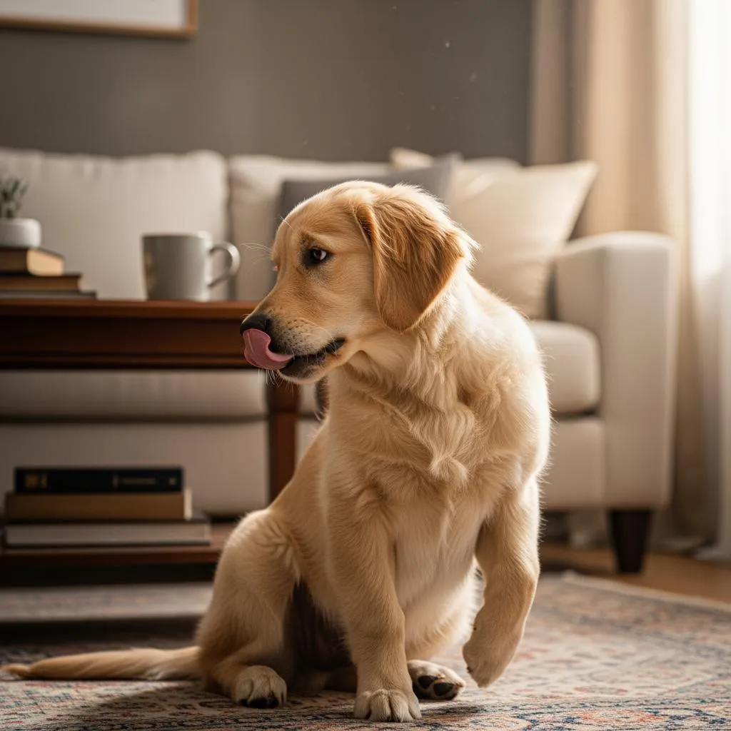 Golden retriever puppy displaying subtle stress signals including lip licking and whale eye that new dog owners often miss when establishing relationship with their pet
