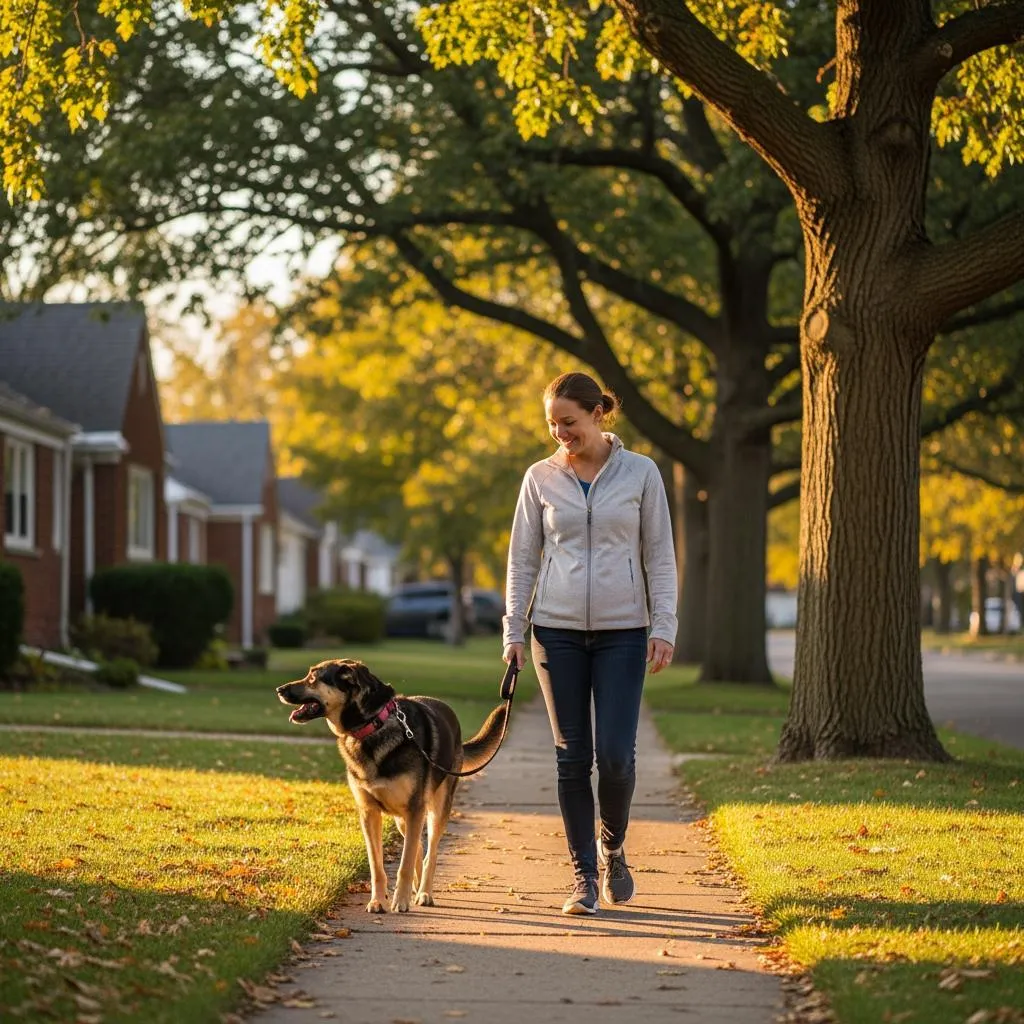 Dog owner walking a well-behaved dog on a loose leash in a Waterford Michigan neighborhood after Clever Canine Dog Training