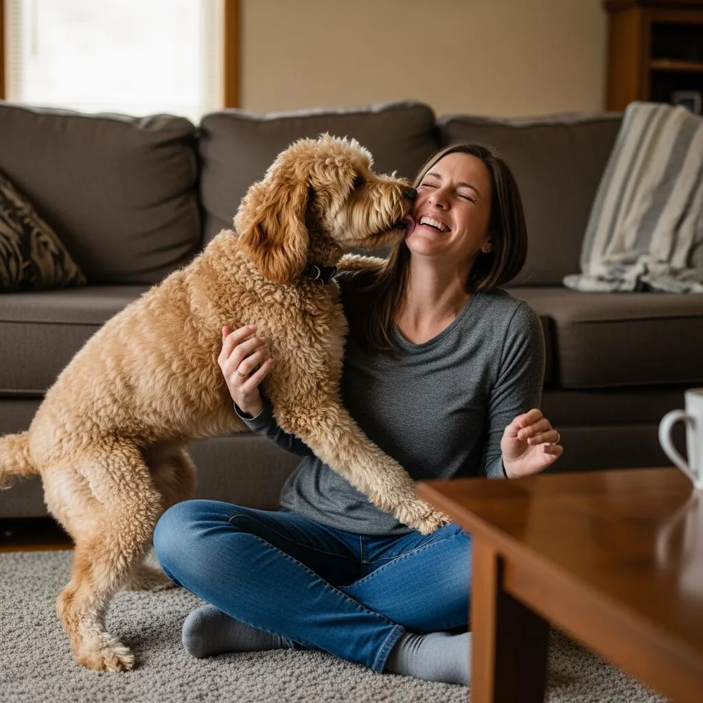 Overwhelmed dog owner with energetic Goldendoodle at home before starting dog training at Clever Canine Dog Training in Waterford Michigan