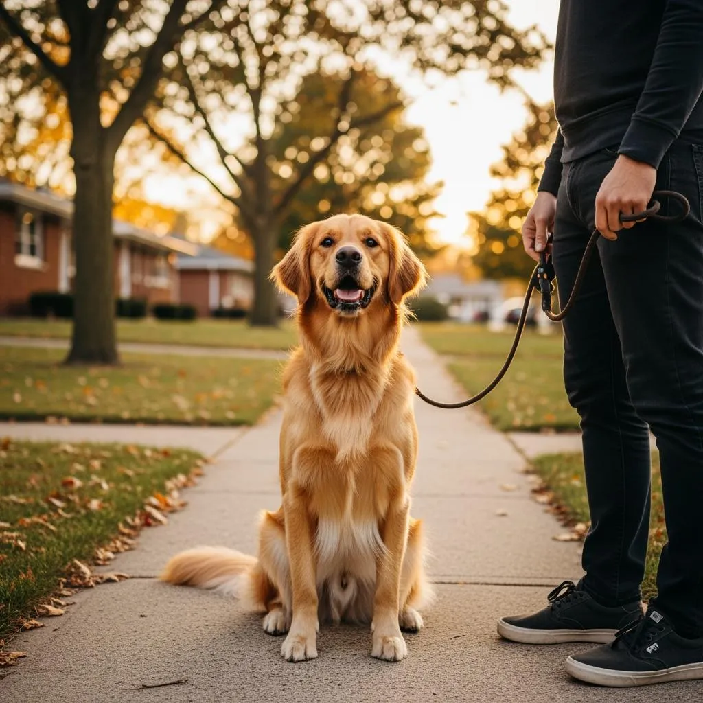 Well-trained Golden Retriever sitting calmly on leash in Oakland County Michigan neighborhood after Clever Canine Dog Training program