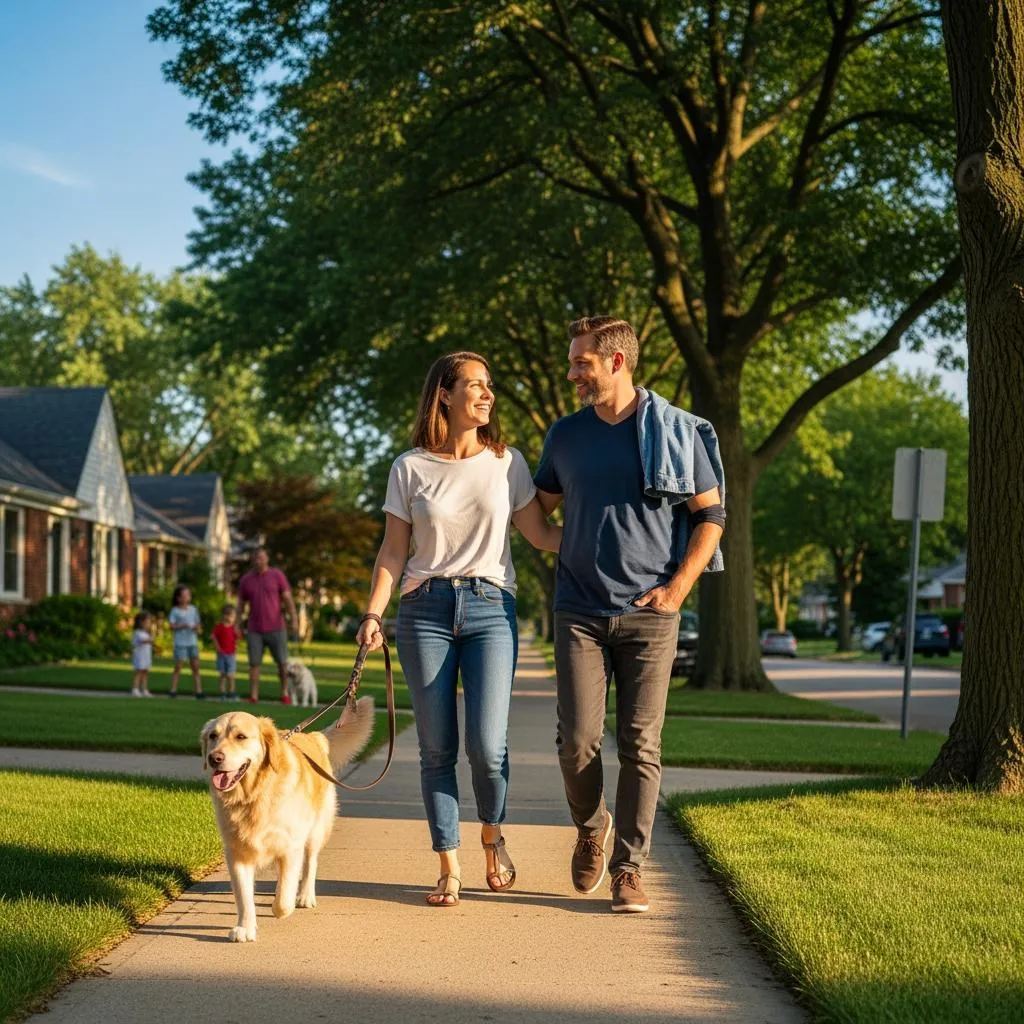 Couple enjoying a relaxed summer evening walk with their well-trained Golden Retriever on a loose leash in an Oakland County Michigan neighborhood after Clever Canine Dog Training