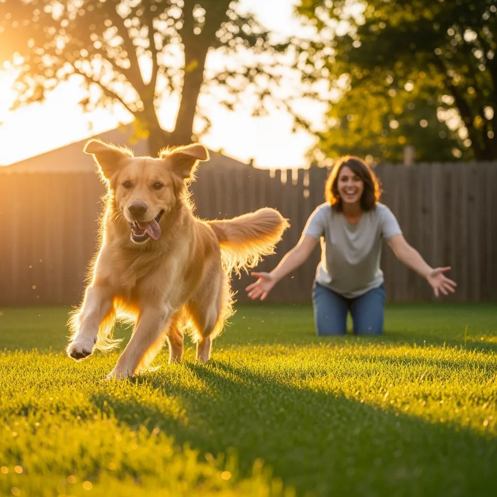 Owner kneeling as dog runs toward them during recall training in a backyard