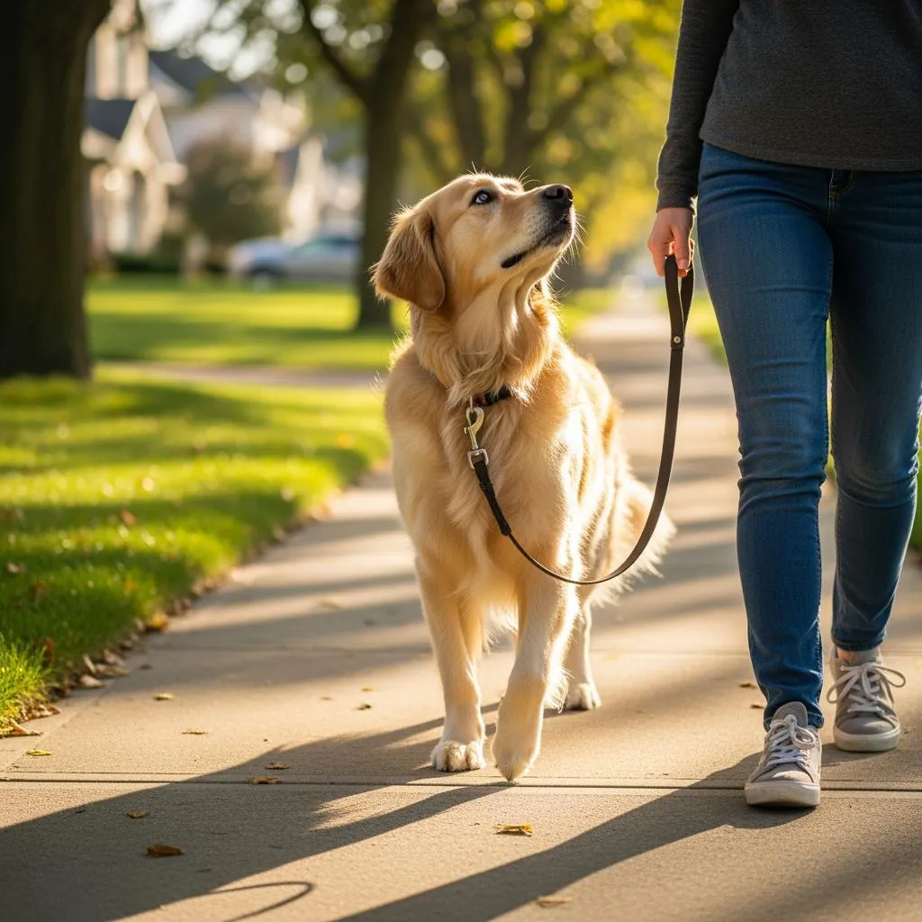 Dog walking calmly on leash beside owner on a suburban sidewalk during leash training