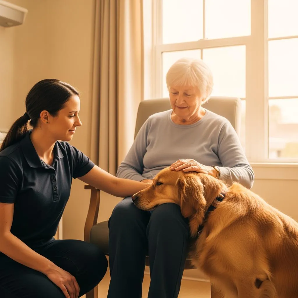 Therapy dog resting its head on a patient's lap during a visit in Metro Detroit