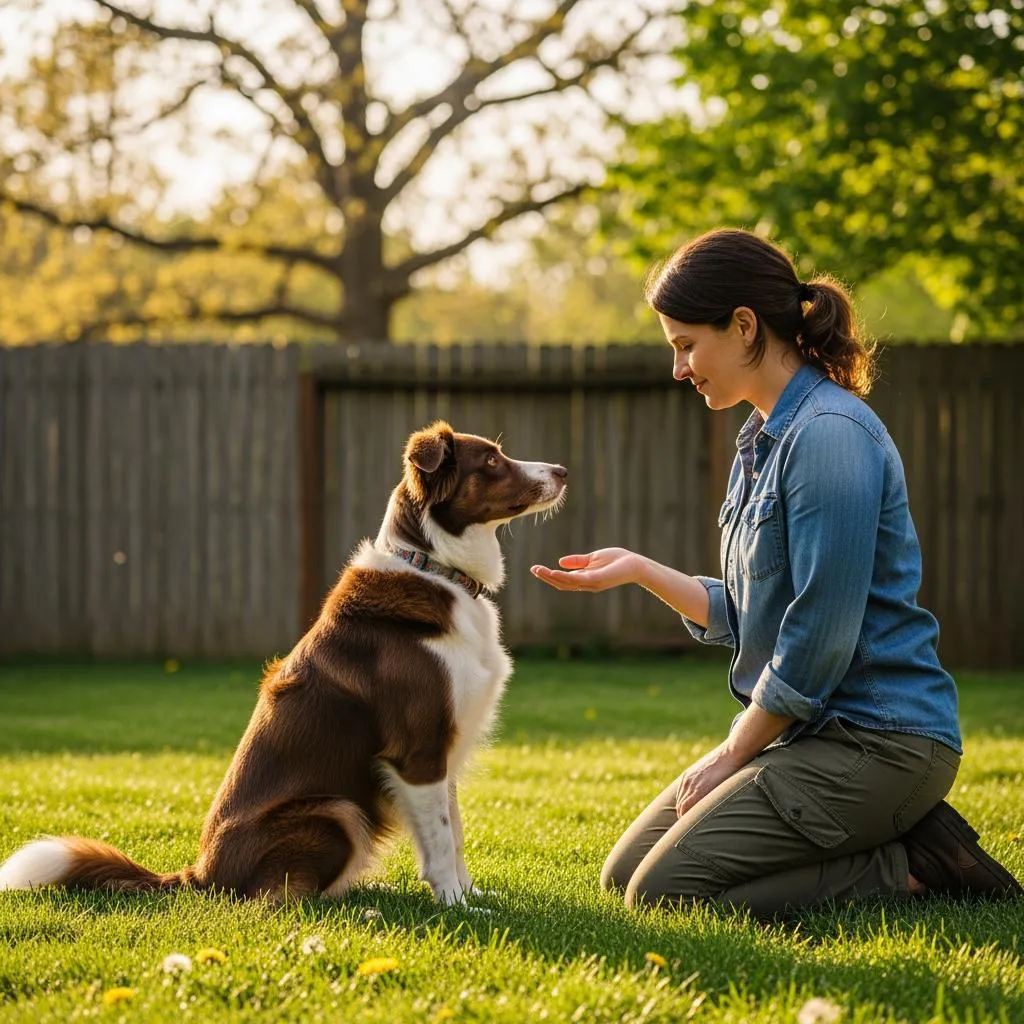 Owner kneeling face to face with attentive dog during obedience training in a backyard