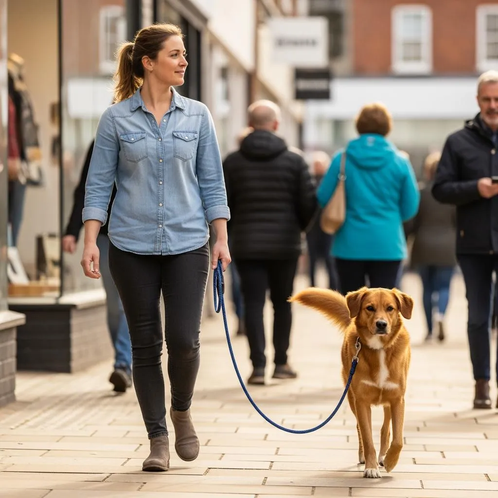 Dog walking calmly on a loose leash in a community setting — AKC Community Canine prep class in Waterford Michigan