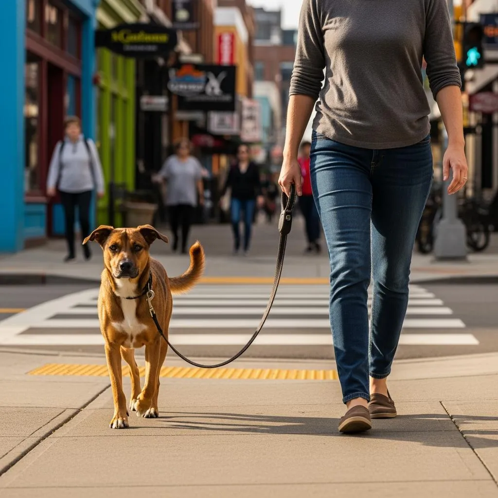 Dog walking calmly on a loose leash on a busy urban sidewalk — AKC Urban CGC prep class in Waterford Michigan