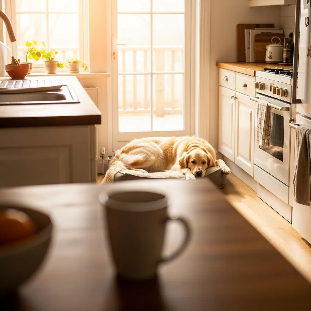 Golden retriever calmly settled on a dog bed during a morning routine in a Metro Detroit home