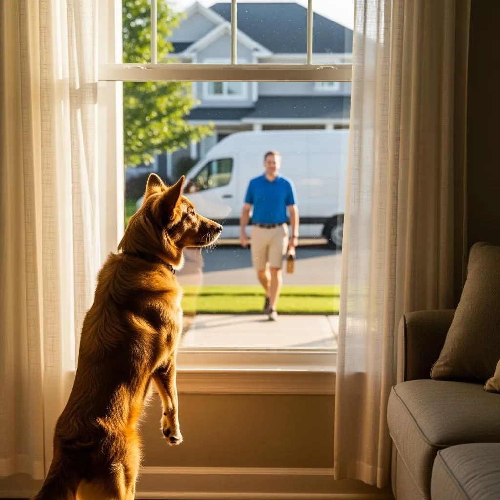 Alert dog watching delivery driver through front window before barking at doorbell