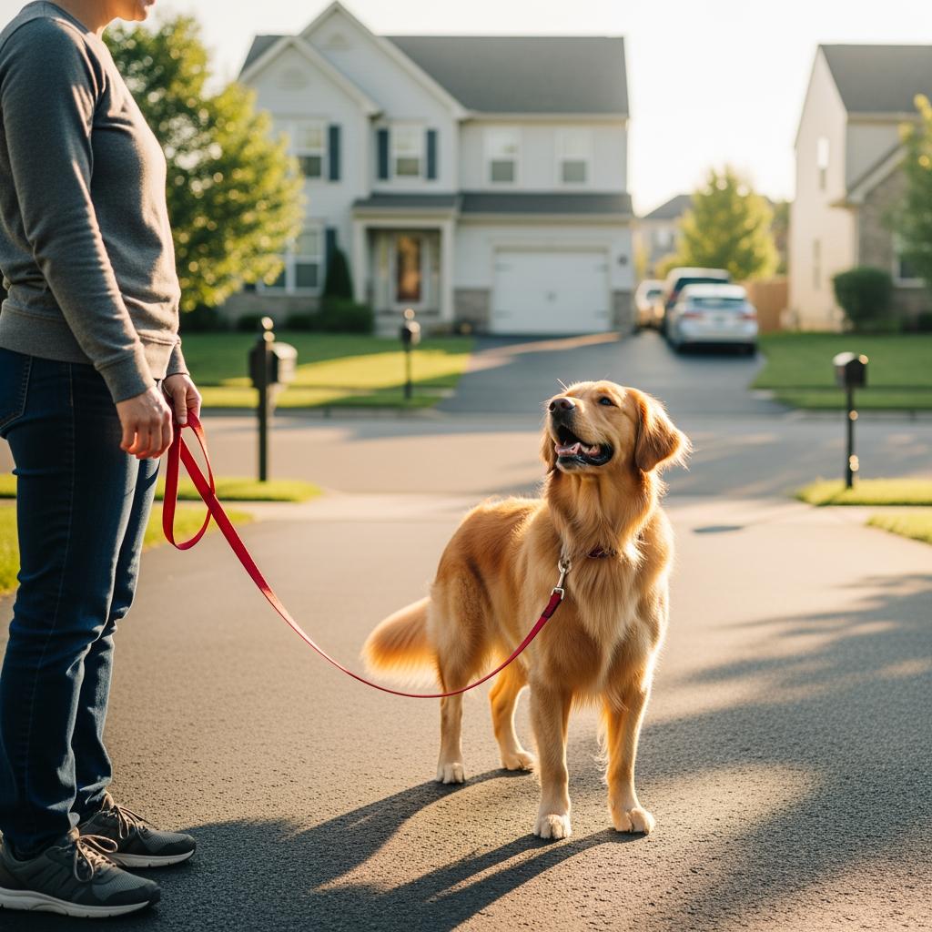 Dog calmly waiting on leash at driveway during neighborhood walk training
