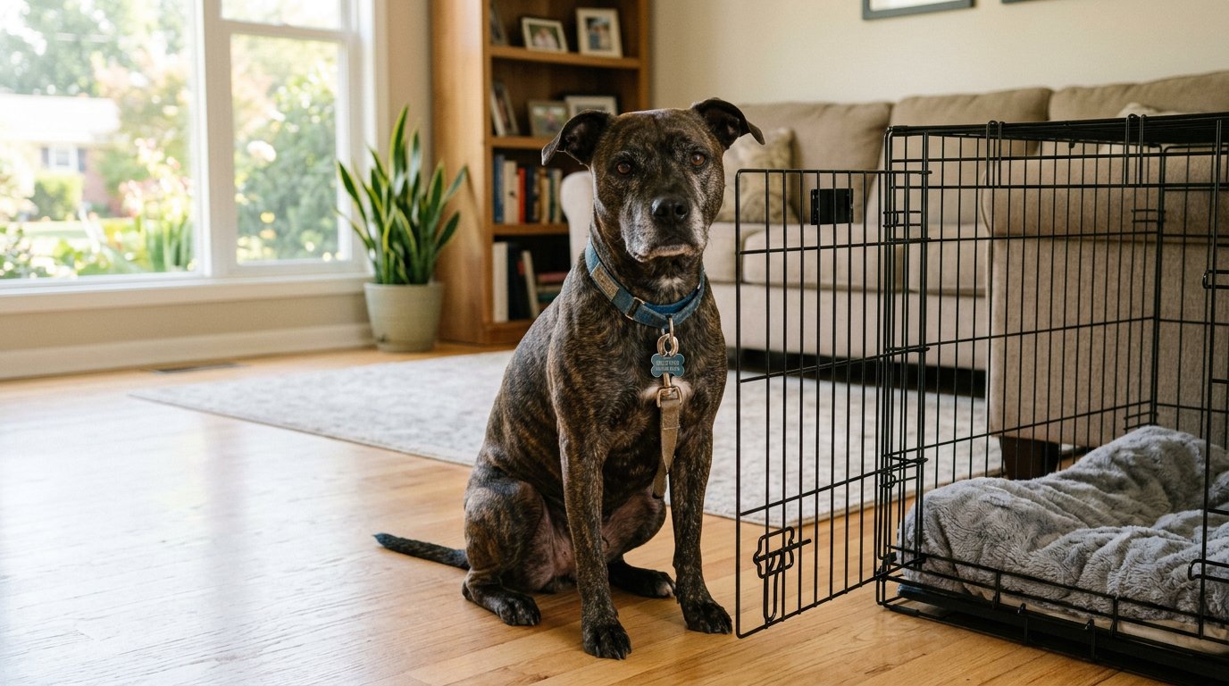 Calm rescue dog sitting beside an open crate on first days home