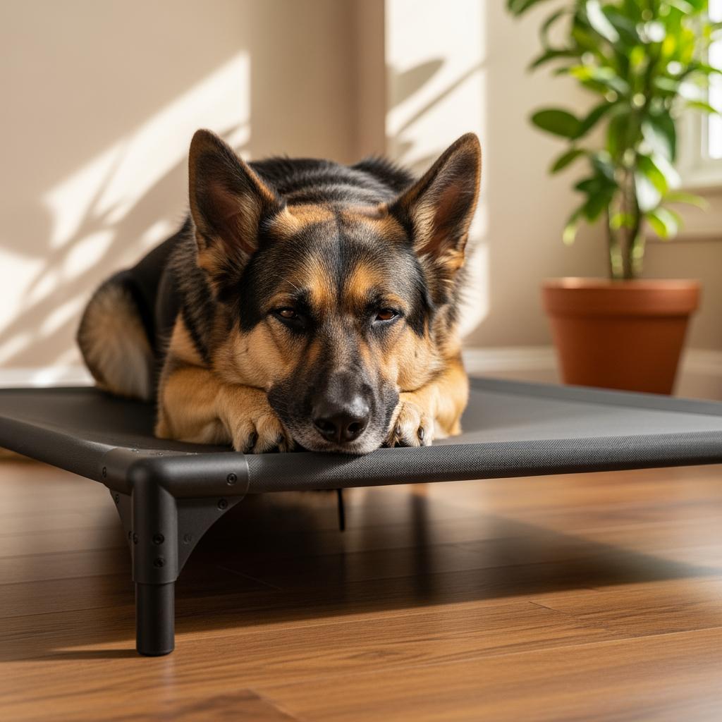 German Shepherd mix relaxing calmly on Place command training mat in Metro Detroit home