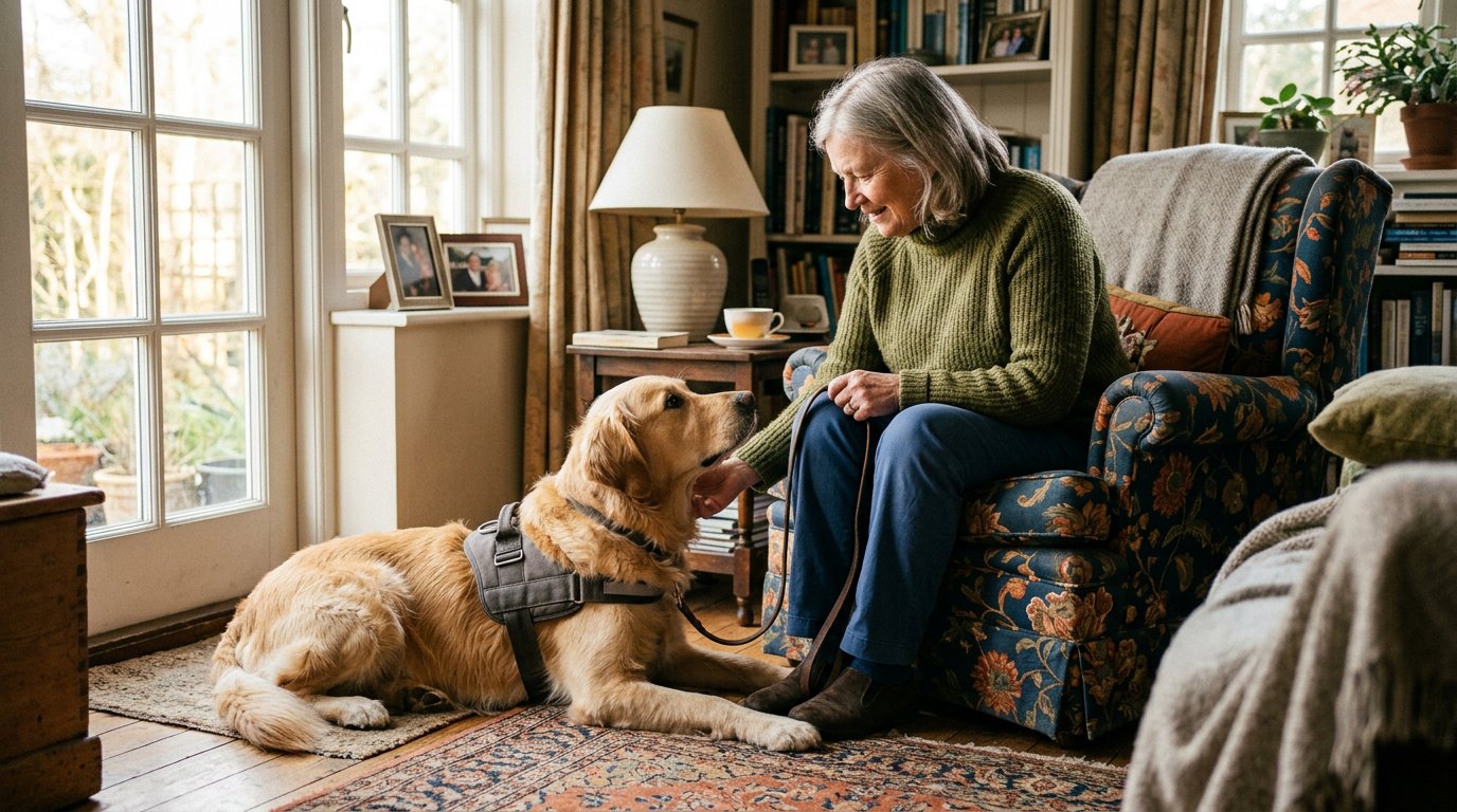 A golden retriever in a service dog harness lying attentively beside their handler in a living room