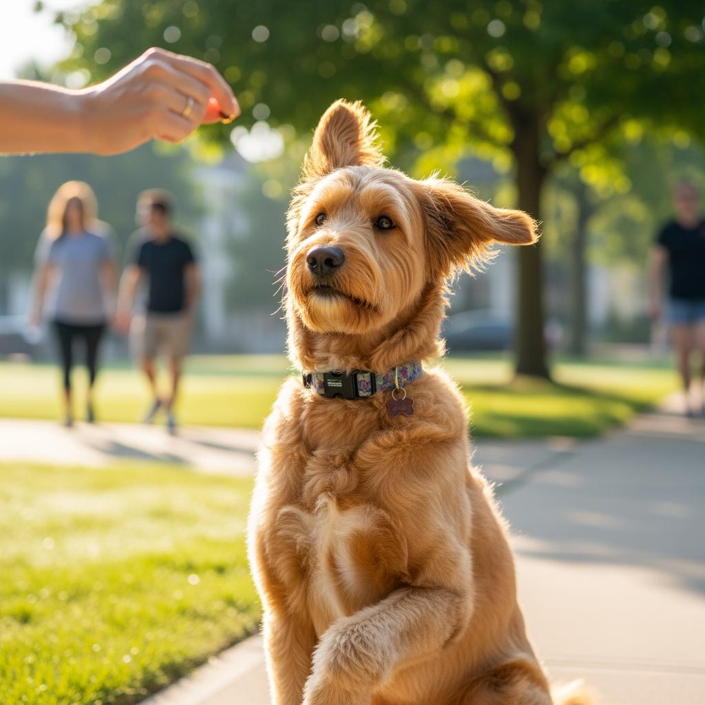 Goldendoodle dog focusing on owner during distraction training in public park setting