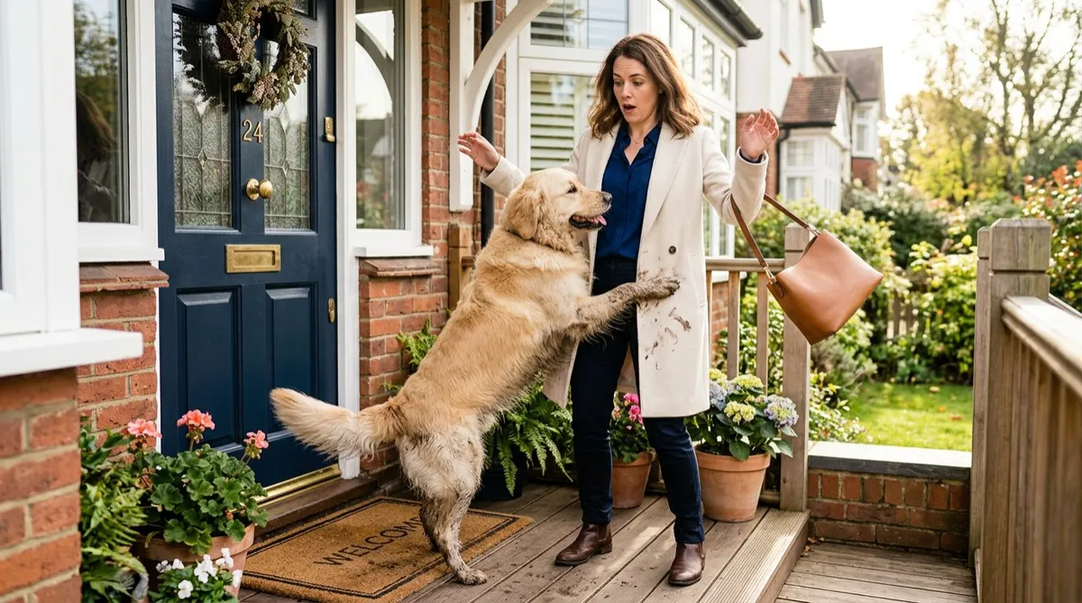 Excited golden retriever jumping up on guest arriving at front door