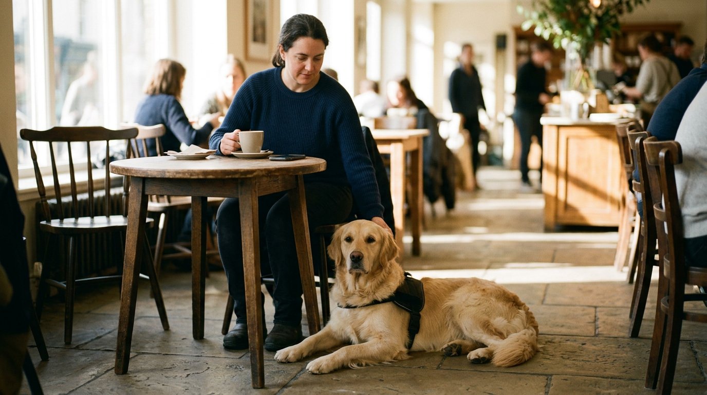 Golden retriever service dog in a plain harness lying calmly at their handler's feet in a busy cafe