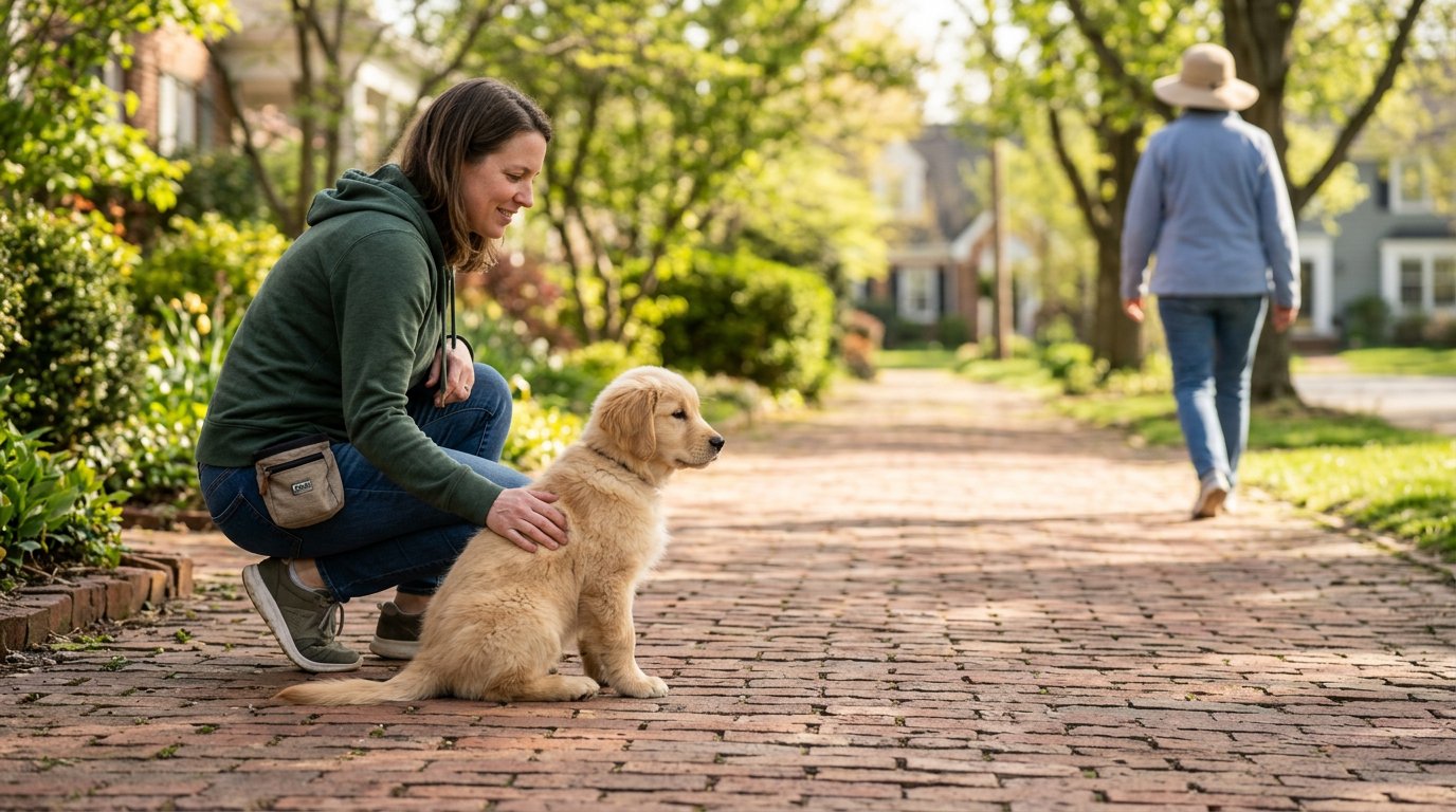 Golden retriever puppy calmly observing the world during early socialization training outdoors