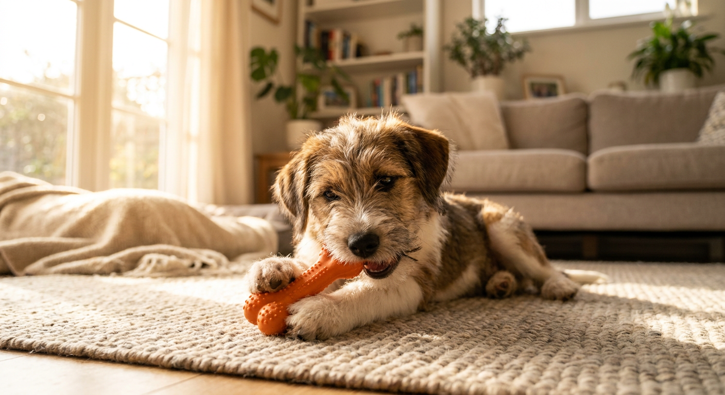 Young puppy chewing a frozen teething toy on a living-room floor