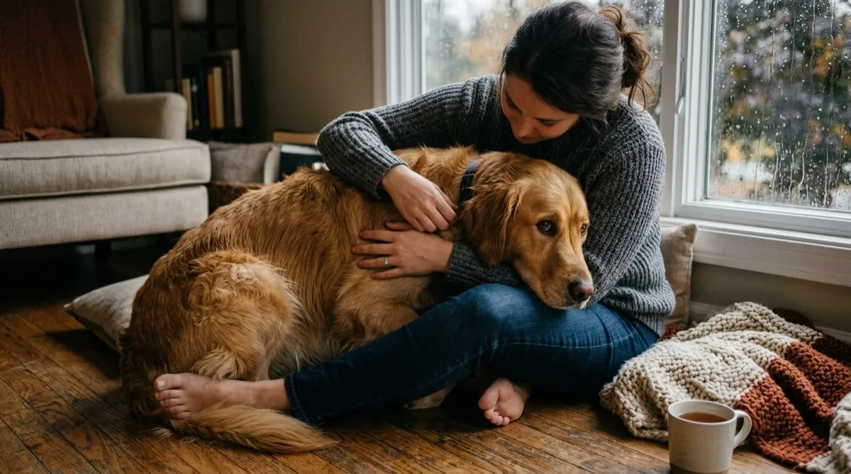 Golden retriever with noise phobia leaning against owner during thunderstorm indoors