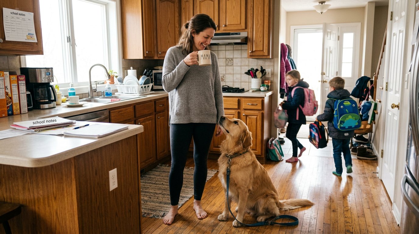 Golden retriever practicing a calm sit-stay during a busy family morning kitchen routine