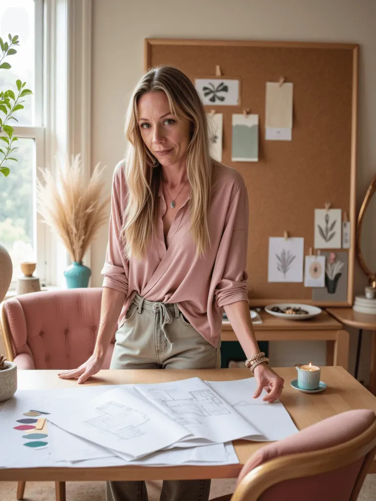 Woman interior designer working on home design plans in a minimal studio, offering gentle and supportive design guidance