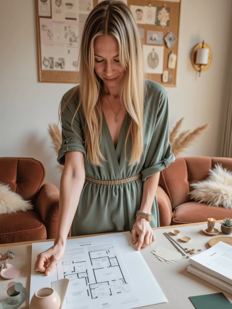 Designer reviewing architectural floor plans and natural material samples