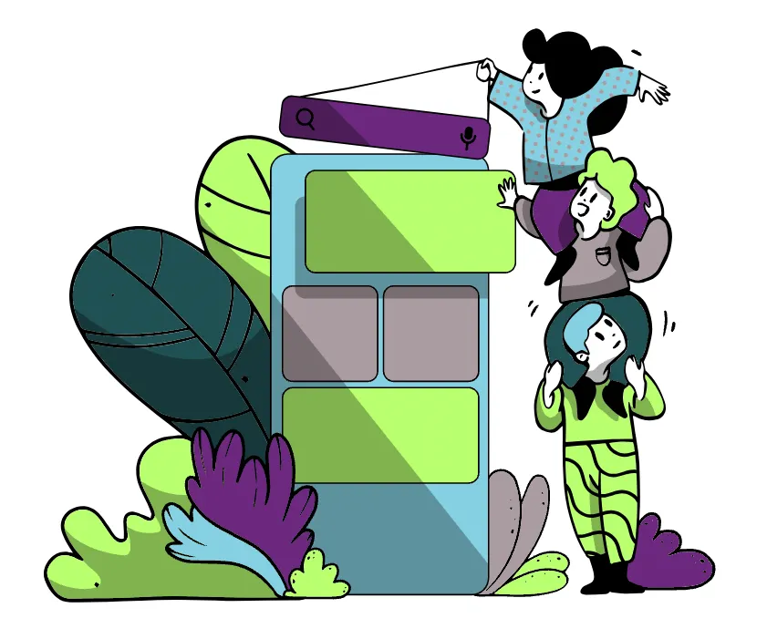 An illustration of three team members working together to adjust a large colourful display. One person is standing at the bottom, supporting another who is helping a third person adjust a purple bar at the top. The scene is surrounded by abstract leaves and plants in shades of green, purple, and blue, creating a collaborative and vibrant atmosphere.