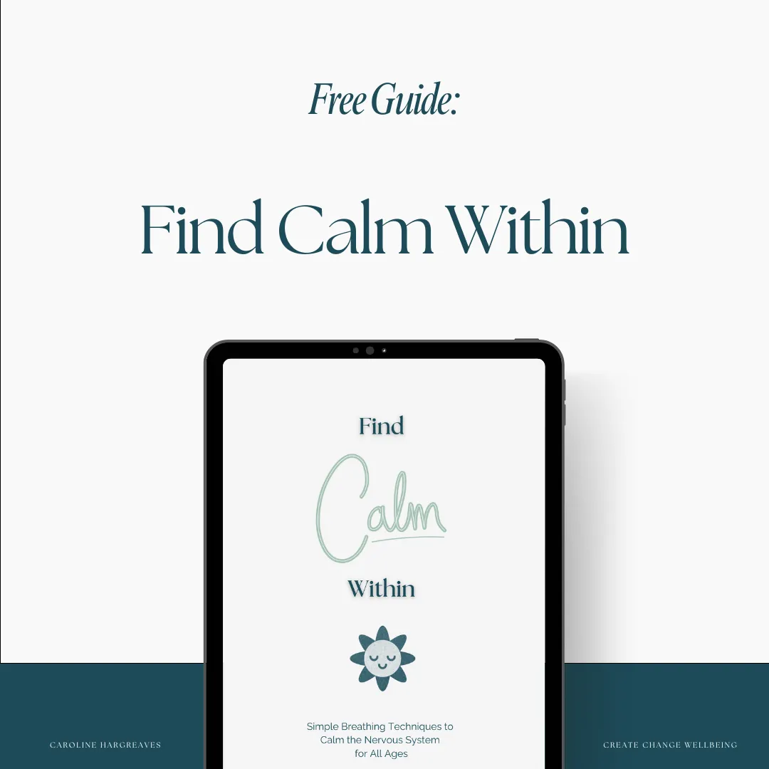 image with an electronic device which shows the find calm within guide cover, teal text which reads Free Guide: Find Calm Within