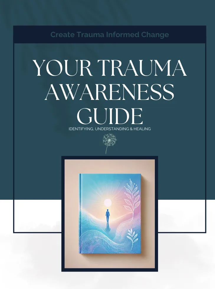 Cover image of 'Your Trauma Awareness Guide' by Caroline Hargreaves, featuring a serene blue and pink illustration of a person standing in sunlight, surrounded by waves and leaves – a supportive resource for identifying, understanding, and healing trauma.