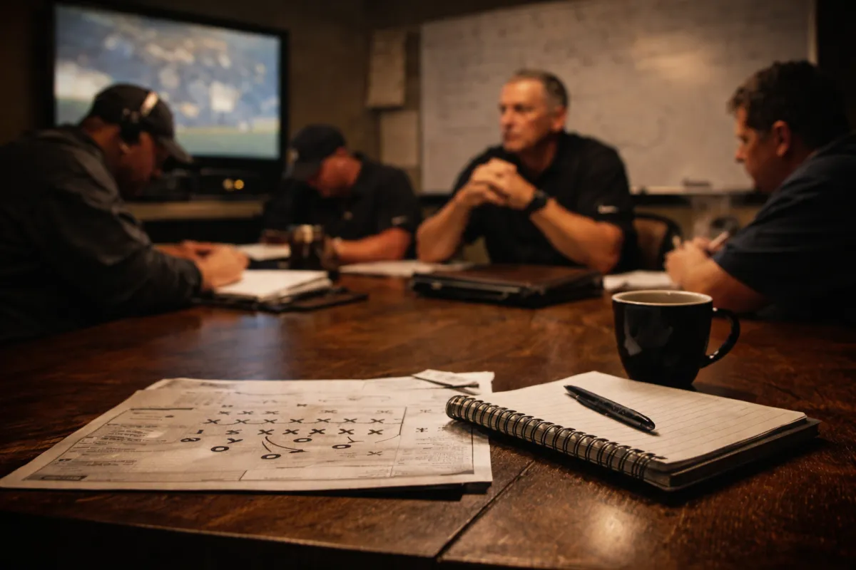 Professional football coaches in a strategy meeting room reviewing playbook sheets and game film before a game.
