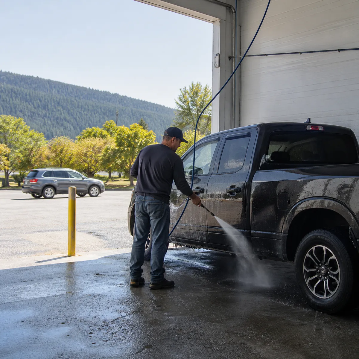 Customer using the pressure wand on a pickup inside a Ride n Shine self-serve wash bay