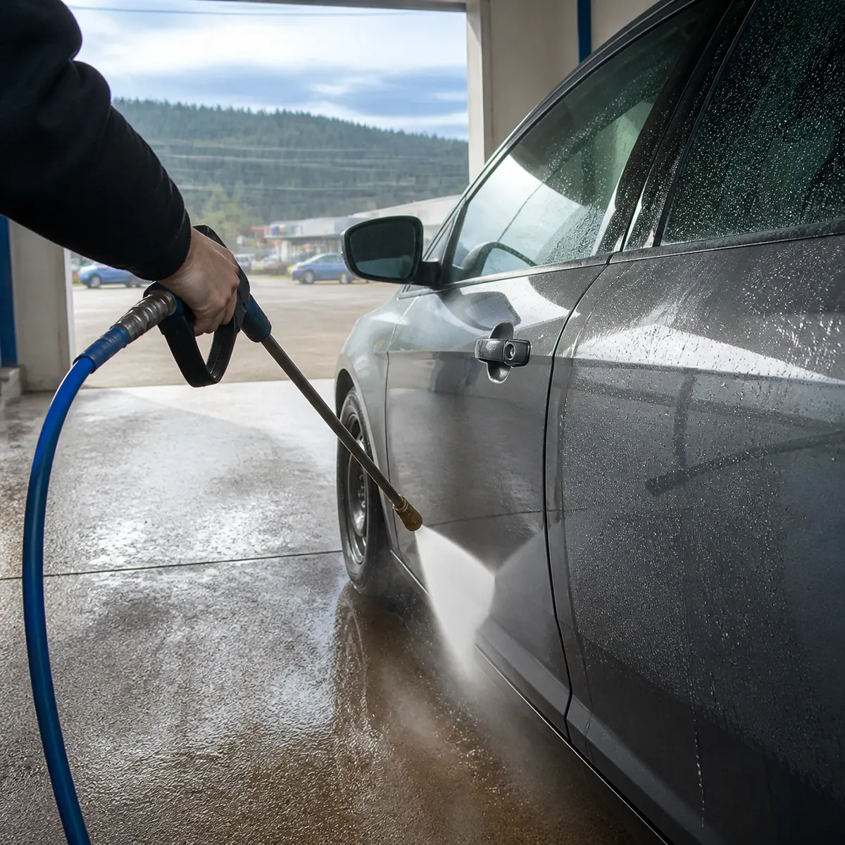 Customer using the pressure wand on a car inside a Ride n Shine self-serve wash bay
