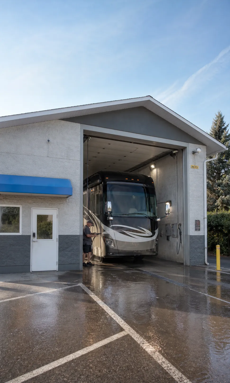 Class A motorhome safely inside the tall Ride n Shine self-serve RV wash bay