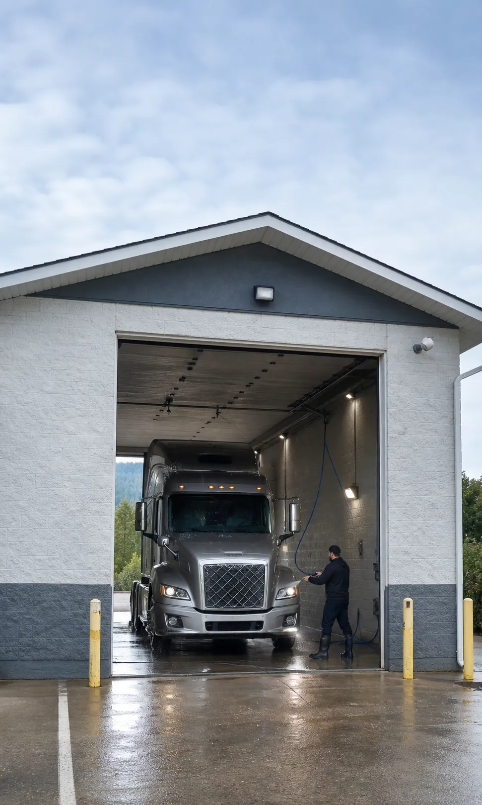 Highway tractor safely inside the Ride n Shine self-serve truck wash bay