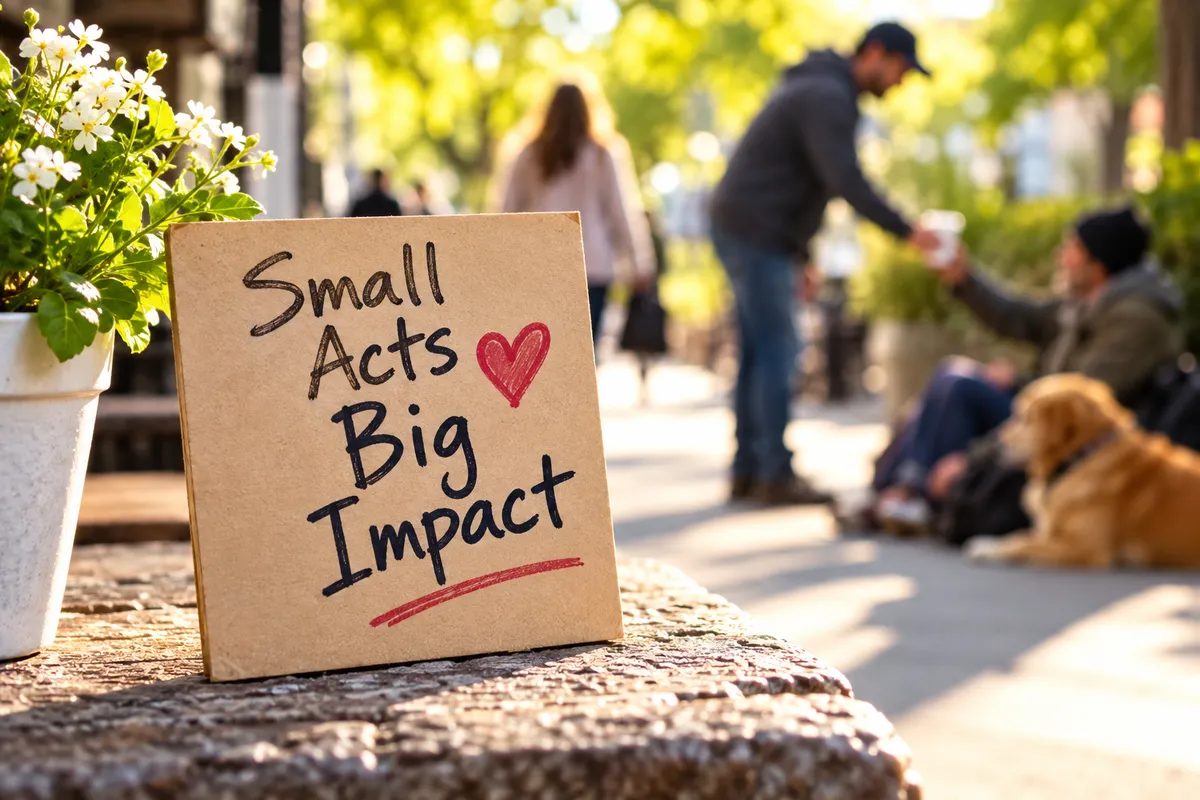 Handmade sign reading “Small Acts Big Impact” beside flowers, with people helping one another in a sunlit community setting