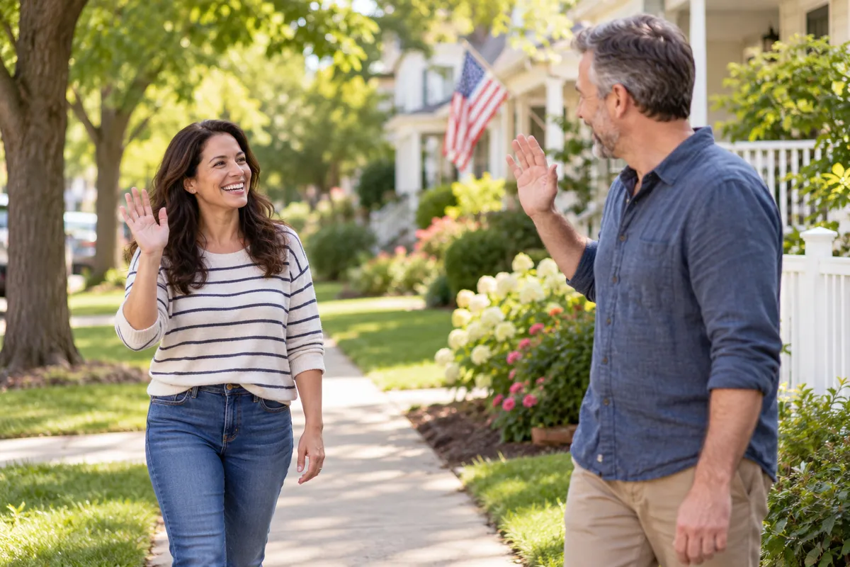 Two neighbors smiling and waving to each other on a sunny neighborhood sidewalk