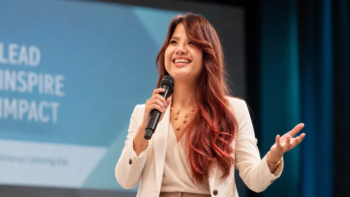 Janellyn Briones speaking with a microphone in a white blazer