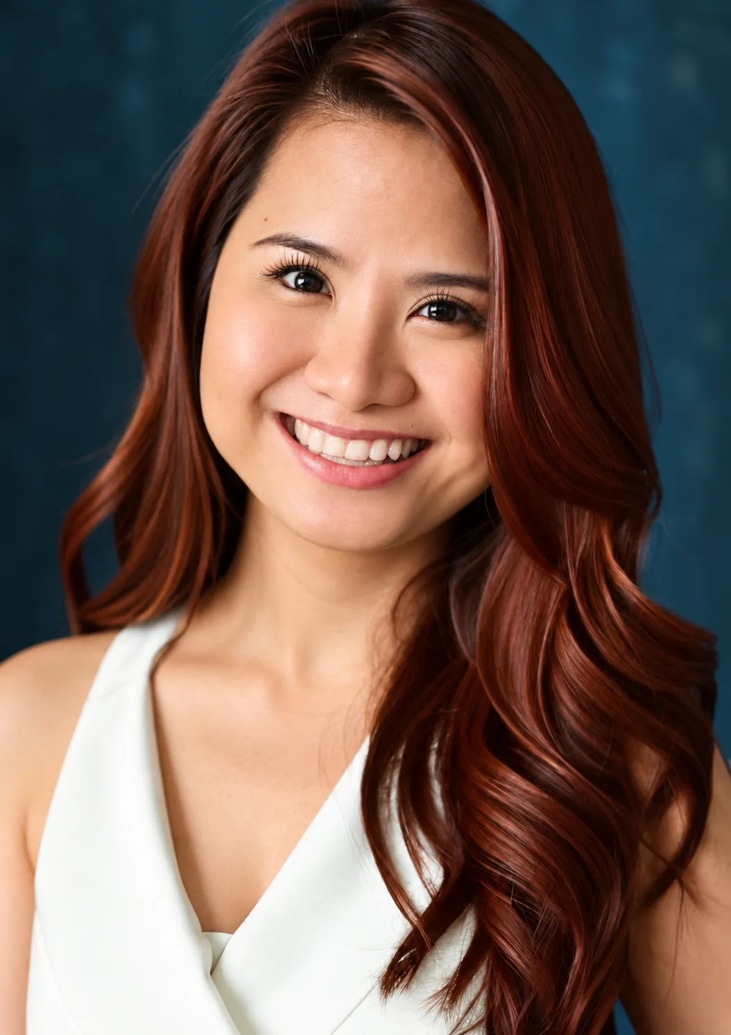 Janellyn Briones with copper-auburn hair wearing a white top
