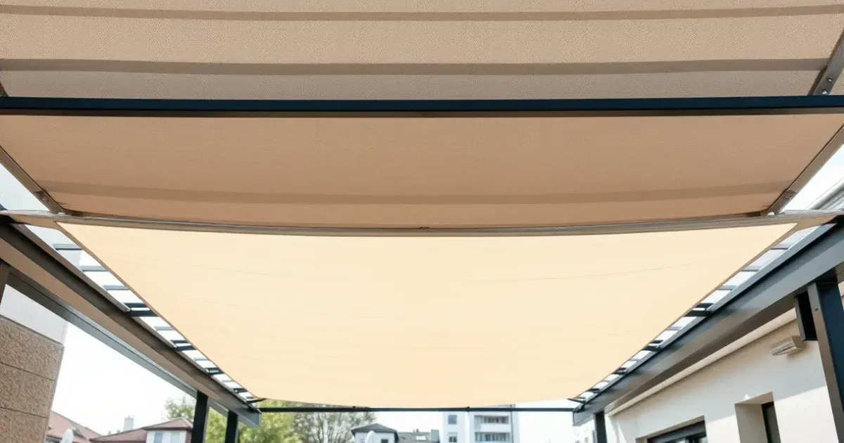 Egyedi árnyékoló ponyva feszítve egy masszív pergola fémkeretén modern győri teraszon, precíz kidolgozással.
