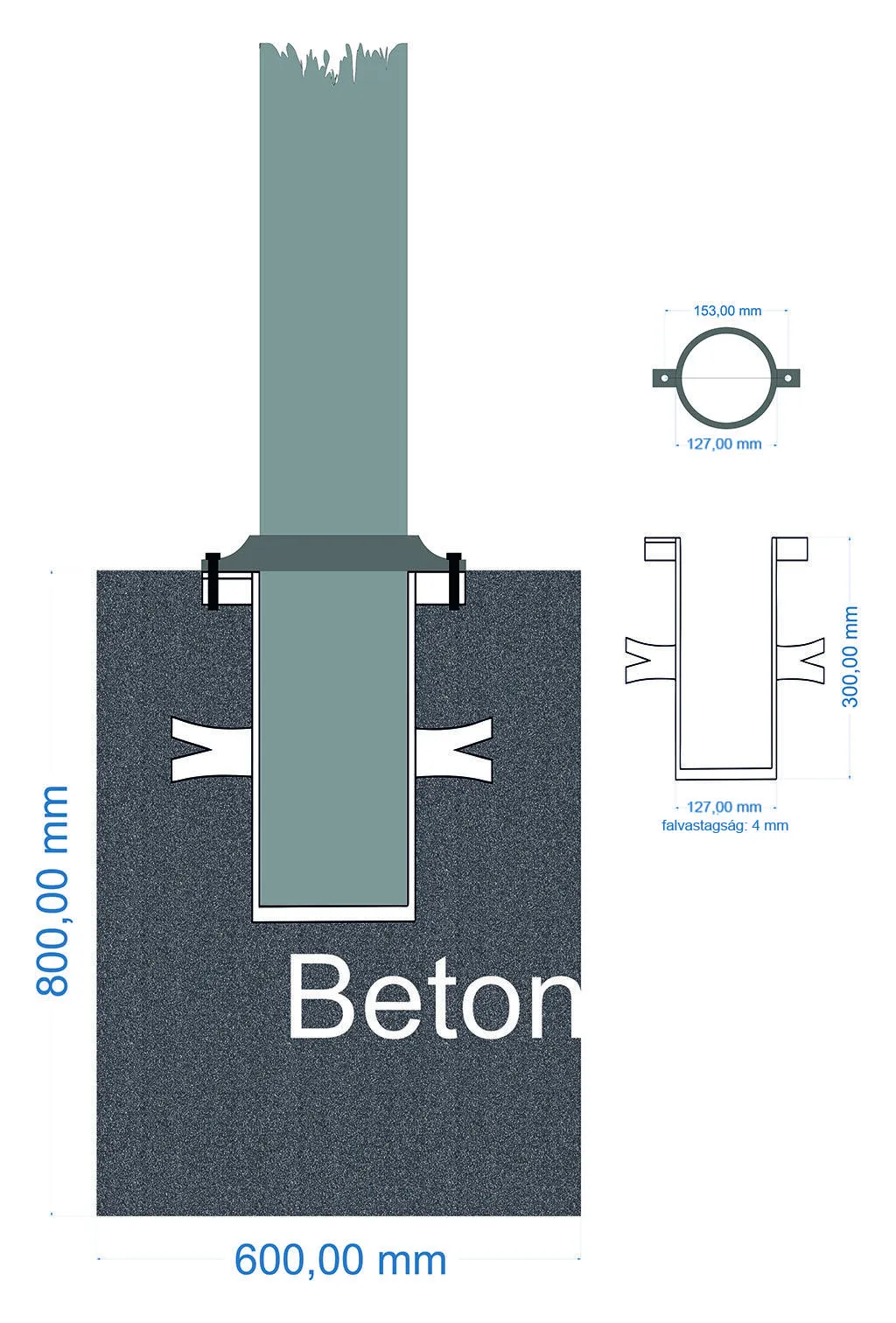 Műszaki rajz egy napernyő oszlop betonba rögzítéséről, méretekkel és magyar feliratokkal, 800 mm mély beton alap, 153 mm átmérőjű oszloppal.