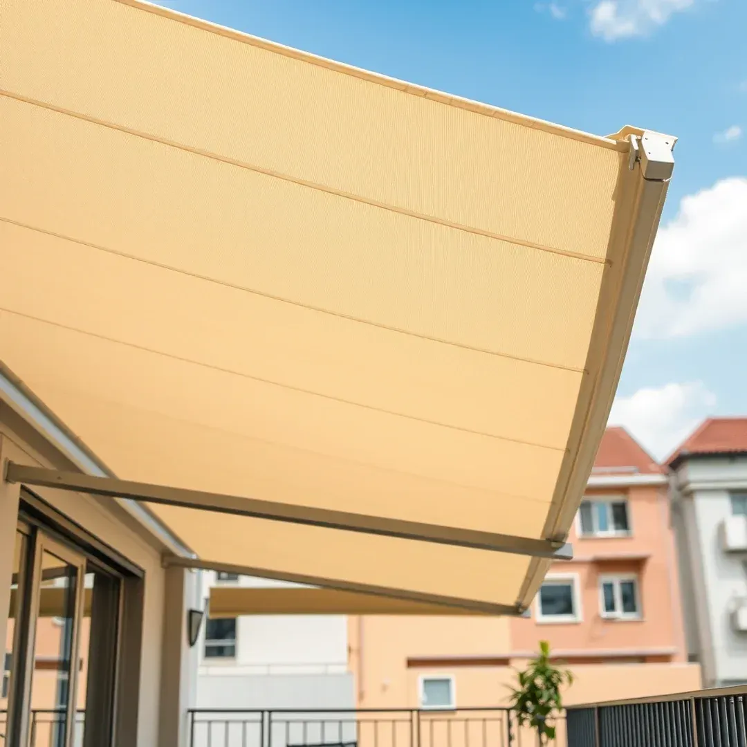 Közelről részletes kép egy feszített vászon napellenzőről modern fém tartóvázzal egy pest megyei lakóterasz felett.