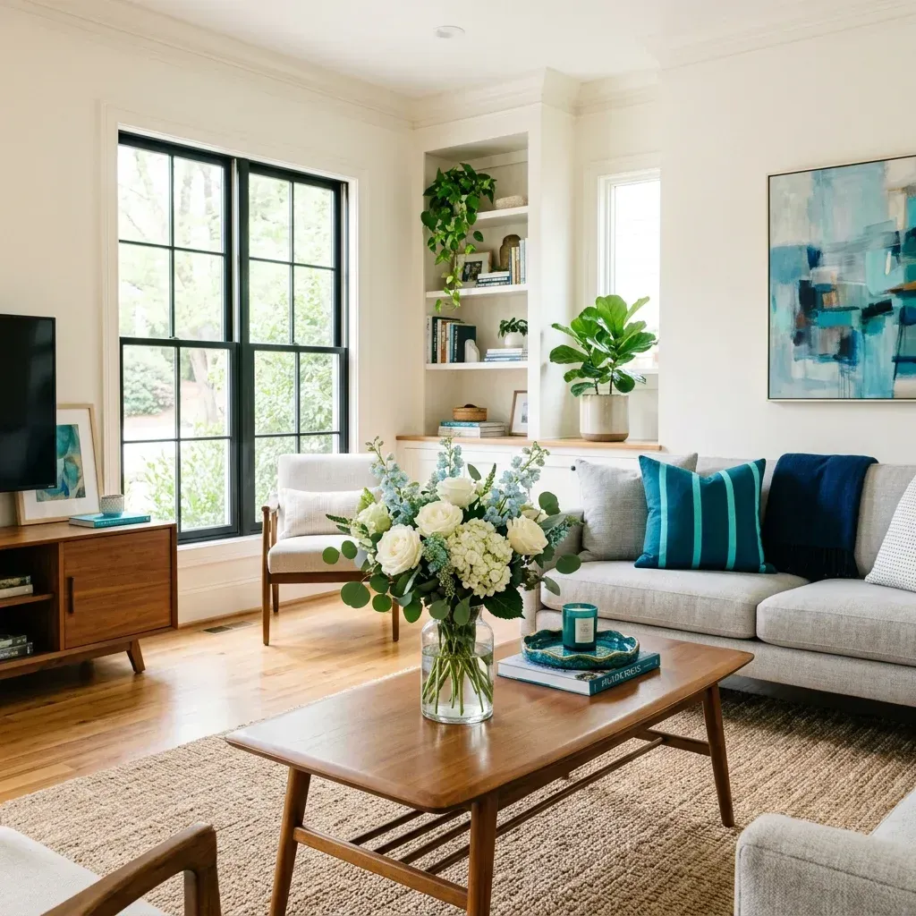 Sunlit, beautifully organized Atlanta living room with fresh flowers and spotless hardwood floors