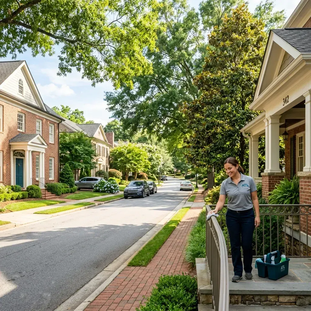 Sunlit residential neighborhood street in Atlanta with craftsman and modern homes