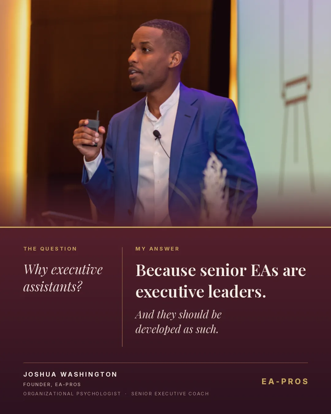 Joshua Washington speaking on executive assistant certification