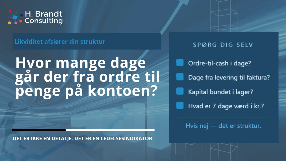 H. Brandt Consulting coverbillede med teksten: "Hvor mange dage går der fra ordre til penge på kontoen?" med en selvtjeksliste over ordre-til-cash, dage fra levering til faktura, kapital bundet i lager og værdien af 7 dages forbedring. Undertekst: "Det er ikke en detalje. Det er en ledelsesindikator