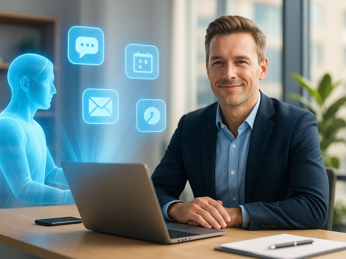 Confident business owner with AI assistant managing communications.