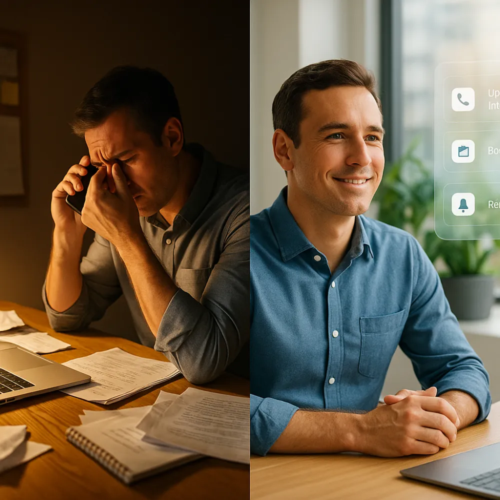 Before and after contrast of chaotic ops vs calm AI-run workflow by Ian Lacovara an I Ninja LLC