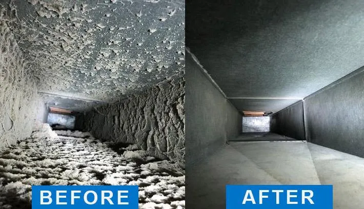 Before and after images of air duct cleaning showing removal of dust, debris, and buildup for improved air quality