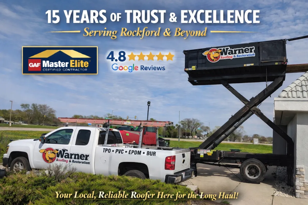 Warner Roofing & Restoration truck and dump trailer at a job site in Rockford IL highlighting 15 years of service, GAF Master Elite certification, and 4.8 Google rating