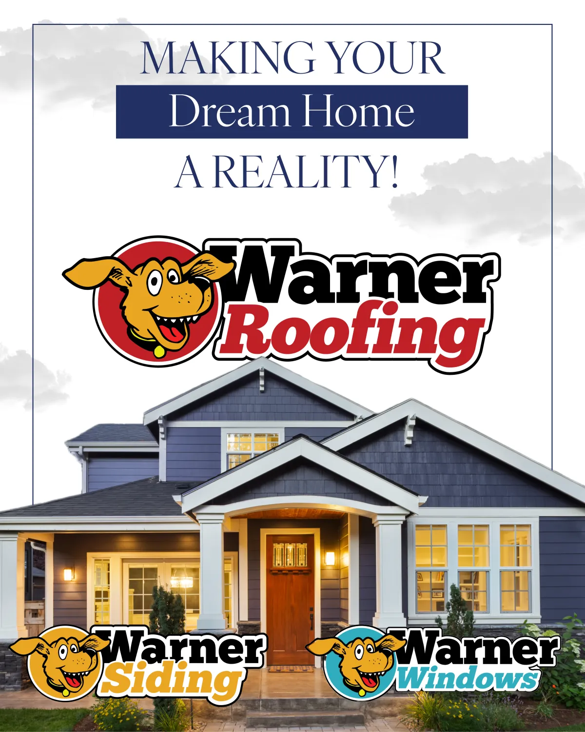 Warner Roofing team installing roof, siding, gutters, and energy-efficient windows on a residential home